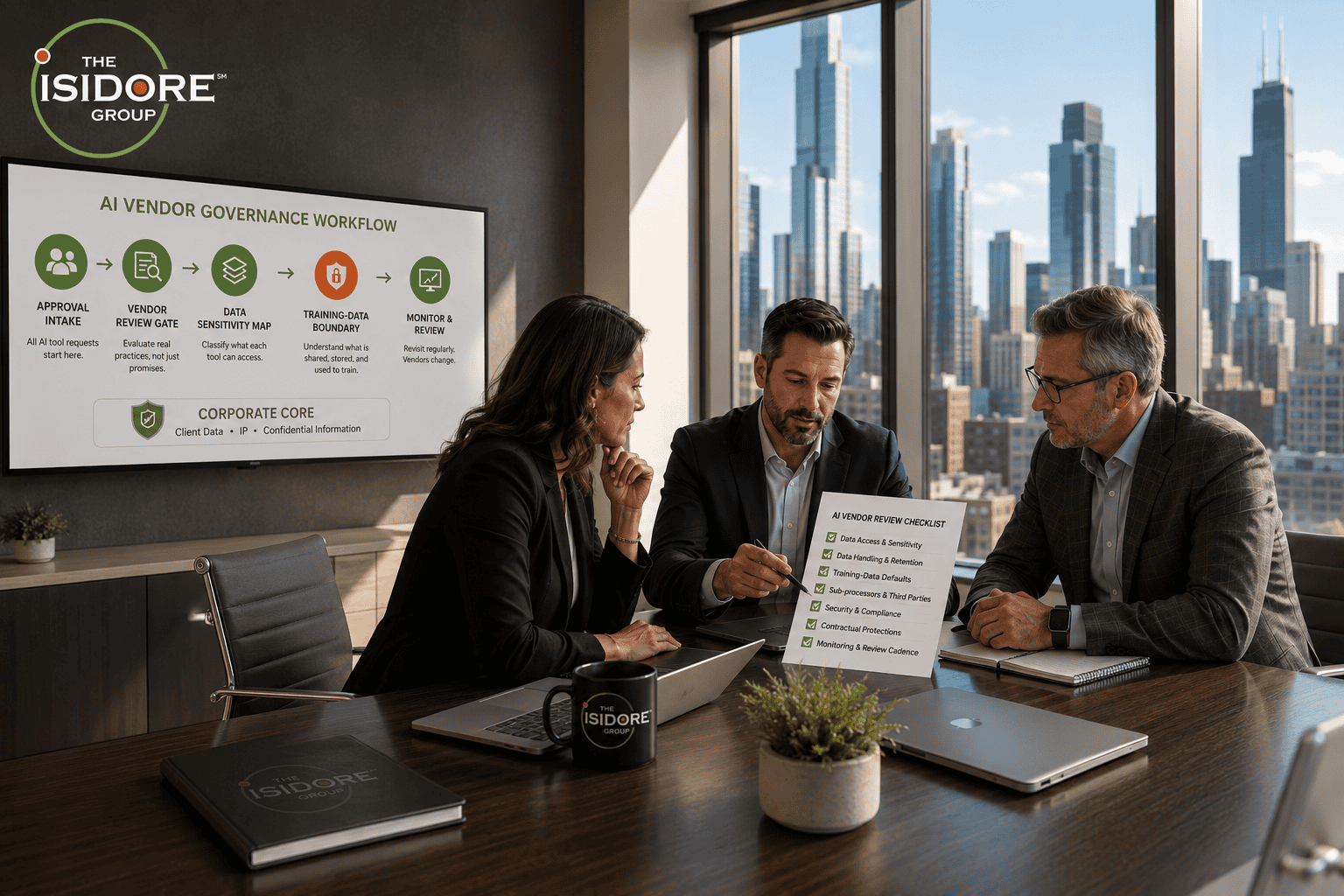Three executives reviewing an AI vendor governance checklist in a modern conference room, illustrating AI vendor risk assessment for SMBs.