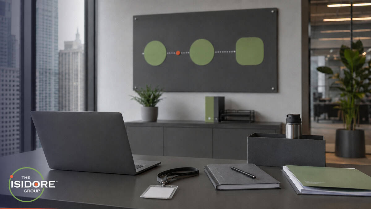 Prepared onboarding workstation with an abstract employee lifecycle workflow