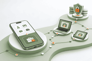 Personal phone, laptop, and tablet connected to a protected company data hub, illustrating BYOD security.