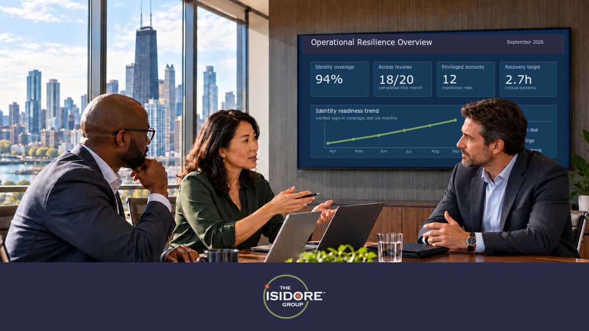 Three business leaders reviewing an Isidore-branded operational resilience dashboard in a modern meeting room