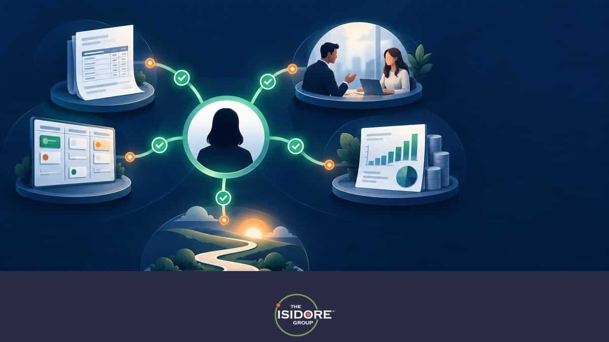 Operations leader and Isidore technician reviewing a branded access continuity dashboard